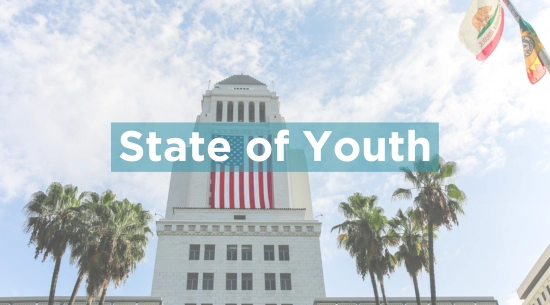 City Hall of Los Angeles with "State of Youth" text superimposed 