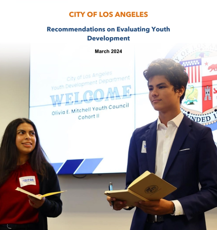Cover page a report titled "Recommendations on Evaluating Youth  Development." The cover features two members of the Olivia E. Mitchell L.A. City Youth Council. 
