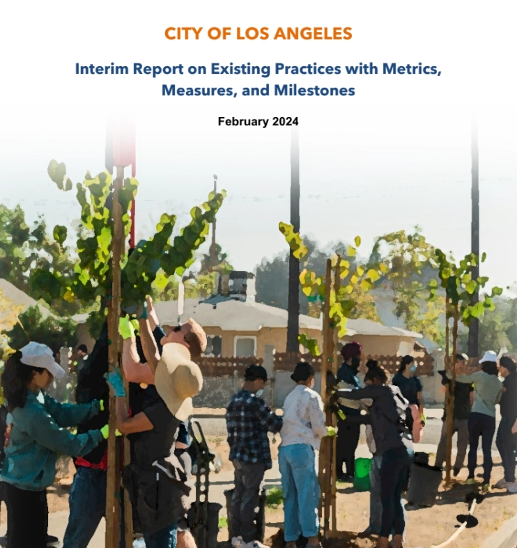 Cover page a report titled "Interim Report on Existing Practices with Metrics, Measures, and Milestones." The cover features a blurred image of youth planting street trees.