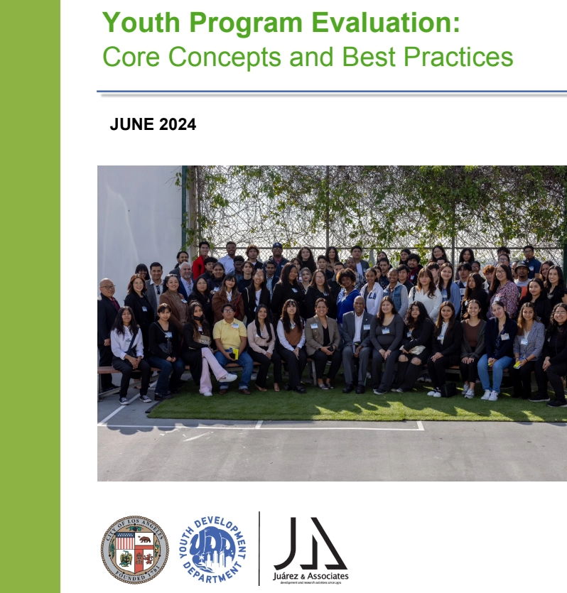 Cover of report titled "Youth Program Evaluation: Core Concepts and Best Practices." The cover of the report features youth and adults sitting outside in a playground area.