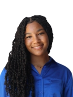 Young women with braids in blue blouse