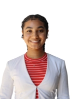 Young woman in striped red shirt and white sweater