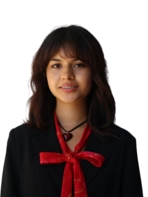 Young woman in black blouse with red bow